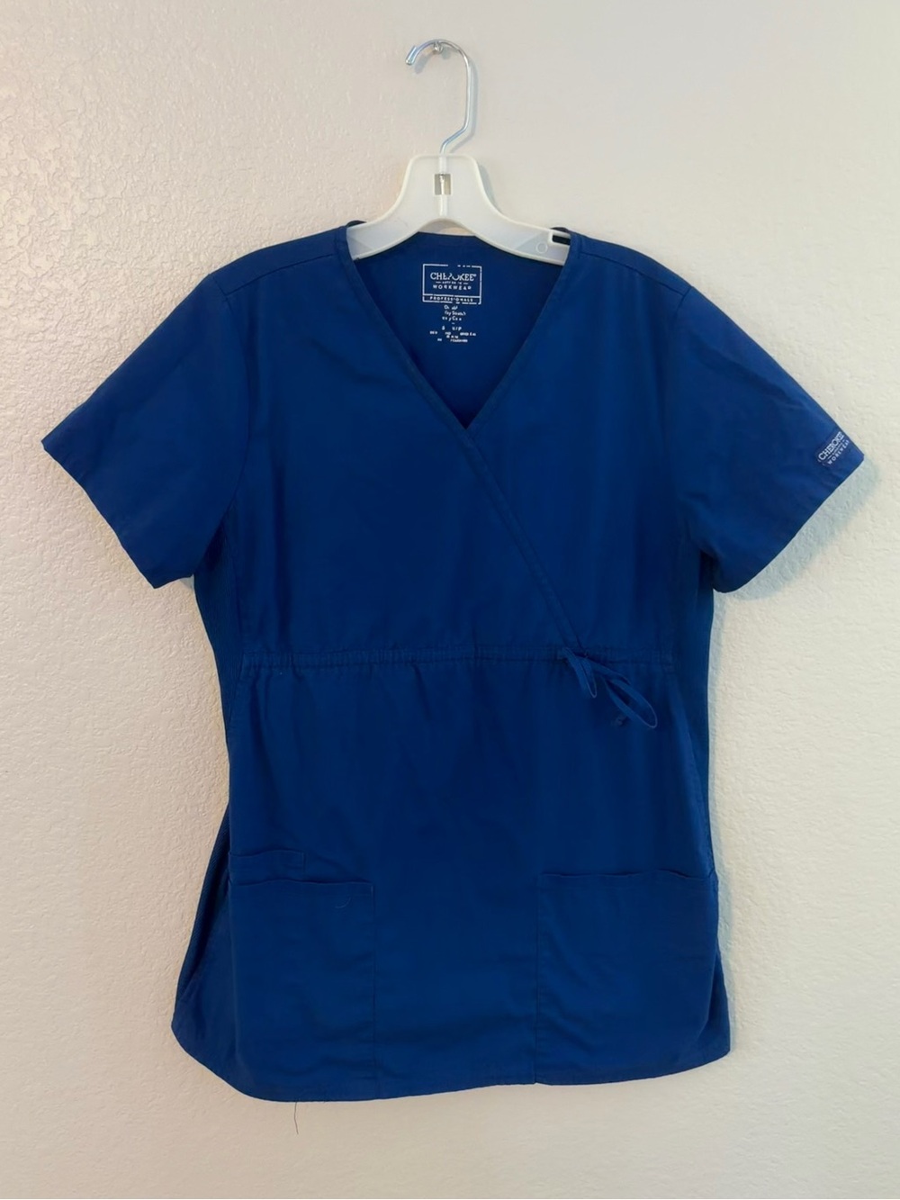 CHEROKEE Workwear Maternity Faux Wrap Scrub Top & Bottoms in Royal Blue
